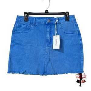 65 Zenana NEW LARGE Denim Mini Skirt Classic 5-Pockets Blue Raw Hemline Auction